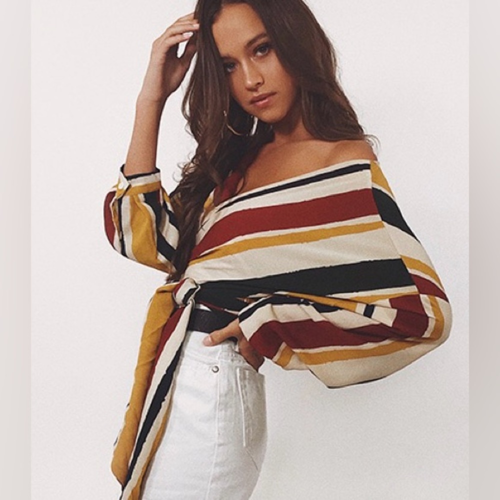 NWT Princess Polly Striped Tie Front V Neck Long Sleeve Top